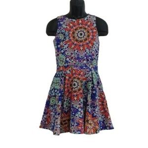 L’Amour Nanette Lepore Psychedelic Retro Skater Lined Dress Keyhole Sz Junior M